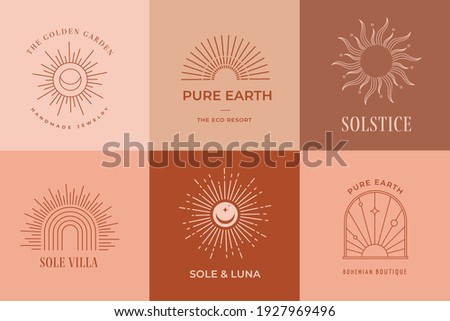 Bohemian linear logos, icons and symbols, sun design templates, terracotta geometric abstract design elements for decoration. 