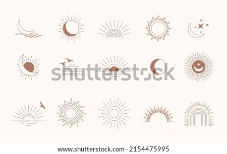 Bohemian linear logos, icons and symbols, sun, arc, moon, wave design templates, geometric abstract design elements for decoration.