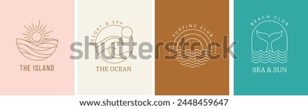 Bohemian linear logos, icons and symbols, sea, ocean, beach and surfing. Sun, seashell and palm design templates, geometric abstract design elements for decoration. Vector illustration