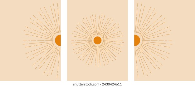 Bohemian linear set poster Sun print boho minimalist printable wall art style geometric abstract sunset sunrise print art work vector banner vintage texture natural color