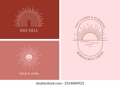 Bohemian linear sun logos, icons and symbols, minimalist arc and window design templates, geometric abstract design elements for decoration. Vector line art design