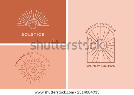 Bohemian linear sun logos, icons and symbols, minimalist arc and window design templates, geometric abstract design elements for decoration. Vector line art design