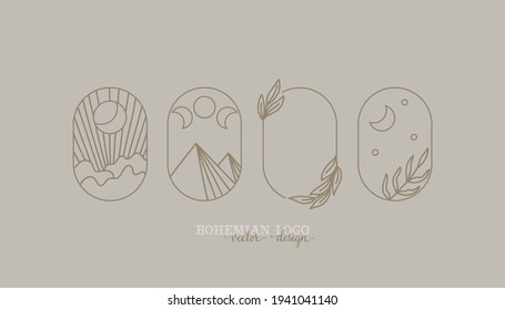 bohemian logo line. modern minimalism style. phases of the moon and the sun. lunar eclipse and new moon. botanical frame. ideal for packaging design