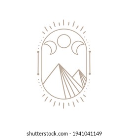 bohemian logo line. modern minimalism style. phases of the moon and the sun. lunar eclipse and new moon. botanical frame. ideal for packaging design