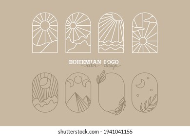 bohemian logo line. modern minimalism style. phases of the moon and the sun. lunar eclipse and new moon. botanical frame. ideal for packaging design