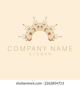 Bohemian logo with moon and sun. An astrology mystic crescent and sun logotype. Luxury template.