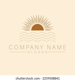 Bohemian logo with sea and sun. Sunset sunrise logotype.Luxury travel template.