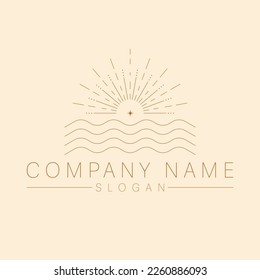 Bohemian logo with sea and sun. Sunset sunrise logotype.Luxury travel template.