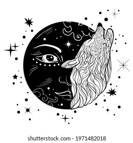 Bohemian logo with wolf or werewolf howling to the moon. Tattoo art style illustration.