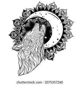 Bohemian logo with wolf or werewolf howling to the moon. Tattoo art style illustration.