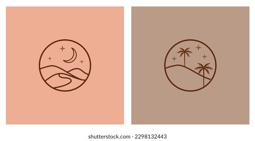 Bohemian logos, icons, symbols with landscape, sun, crescent moon, sky, star, and palms.Boho linear symbols in trendy minimal style. Modern celestial emblems. Branding design templates.