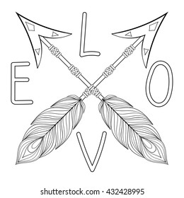 Bohemian Love Arrow Sign with feathers. Hand drawn decorative elements for adult coloring pages, ethnic patterned t-shirt print, Boho chic tribal style. Doodle Illustration, tattoo design.