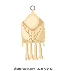 Muro de macrame bohemio colgando ilustración de dibujos animados. Decoración casera hecha a mano estilo boho o escandinavo para un ambiente de ensueño y decoración interior. Concepto de artesanía