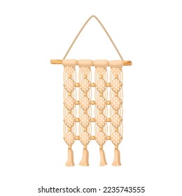 Bohemian macrame wall hanging cartoon illustration. Decoration in boho or Scandinavian style for hygge atmosphere and interior decor. Handcraft concept