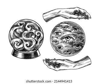 Bohemian magic ball with eyes sketch. Fortune Hands. Vintage engraving Mystical esoteric occult element in boho style. Doodle outline. Hand drawing. Vector illustration.
