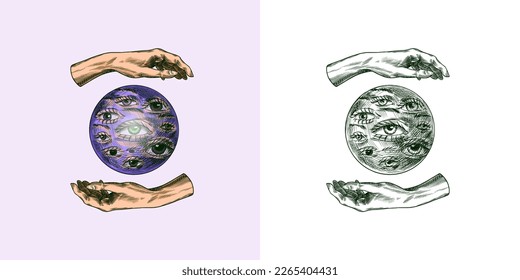 Bohemian magic ball with eyes sketch. Fortune Hands. Vintage engraving Mystical esoteric occult element in boho style. Doodle outline. Hand drawing. Vector illustration.