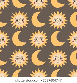 Bohemian magic pattern with sun and moon. Mystic ornament for fabrics, cards, astrology