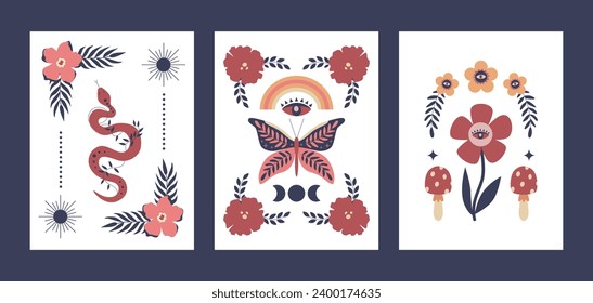 Bohemian magic posters, covers, cards. Snake, butterfly, flowers, mushrooms, rainbow. Mystery garden. Celestial symbols, mystic eyes. Ethnic motifs.