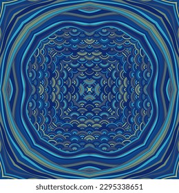 Ornamento mágico de mandala bohemiana sin fisuras. Muestra exótica de álbumes o impresión de servilletas desacopladas. Fantástico motivo de chakra. Diseño artístico simétrico, patrón étnico. Huella de batik cuadrado