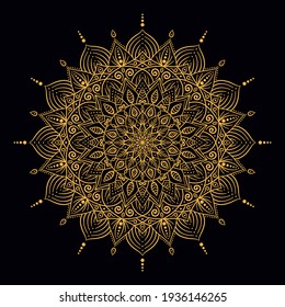 bohemian mandala print, antistress coloring book, tattoo design oriental or indian, islamic mysterious hand drawn ornament for meditation or yoga vector illustration. Black and gold color