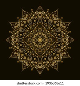 Bohemian Mandala Print, Antistress Coloring Book, Tattoo Design Oriental Or Indian, Islamic Mysterious Hand Drawn Ornament For Meditation Or Yoga Vector Illustration. Black And Gold Color