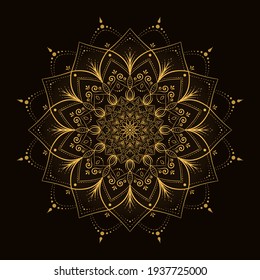 Bohemian Mandala Print, Antistress Coloring Book, Tattoo Design Oriental Or Indian, Islamic Mysterious Hand Drawn Ornament For Meditation Or Yoga Vector Illustration. Black And Gold Color