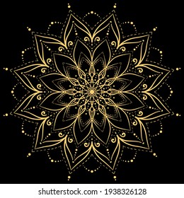 bohemian mandala print, antistress coloring book, tattoo design oriental or indian, islamic mysterious hand drawn ornament for meditation or yoga vector illustration. Black and gold color