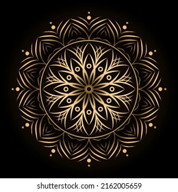 bohemian mandala print, antistress coloring book, tattoo design oriental or indian, islamic mysterious hand drawn ornament for meditation or yoga vector illustration. Black and gold color