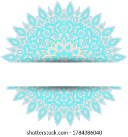 Bohemian mandala vector card template with text place. Birthday greeting card design. Round floral mandala ornament with butterfly, heart, leaf, petal, flower elements. Ethnic background.