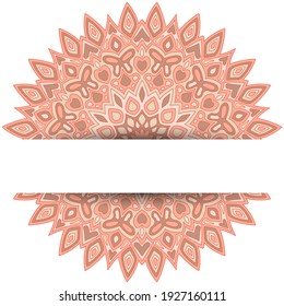 Bohemian mandala vector card template with text place. Spa center flyer banner design. Round floral mandala ornament with butterfly, heart, leaf, petal, flower shapes. Ethnic background.