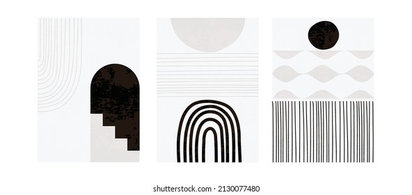 Bohemian minimal tree posters set with abstract organic shapes, geometric elements, lines, rainbow and stairs vector illustration. Abstraction design for background, wallpaper, card, wall art