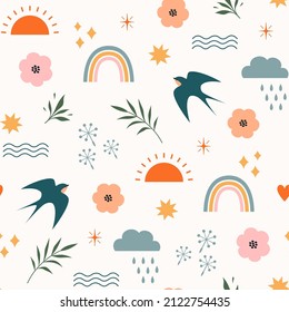 Bohemian minimalism summer seamless pattern with rainbows, swallows, sun, stars, clouds and floral elements 