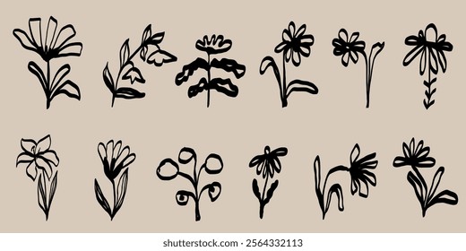 Bohemian minimalist wedding invitation decoration hand drawn natural forms, flowers, petal set collection. 