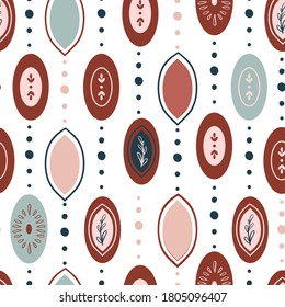 Bohemian, modern boho chic seamless pattern with hand drawn flowers,abstract shapes in hand drawn style. Vector boho seamless repeating background, digital paper, fabric, wallpaper, stationery