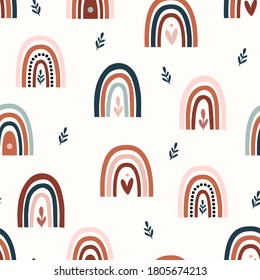 Bohemian, modern boho chic seamless pattern with hand drawn abstract rainbows in scandinavian style. Vector boho seamless repeating background, digital paper, fabric, wallpaper, stationery