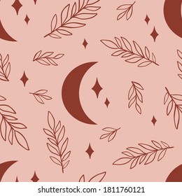 Bohemian, Modern Boho Chic Seamless Pattern With Hand Drawn Florals, Moon And Stars, In Hand Drawn Style.Vector Boho Seamless Repeating Background, Digital Paper, Fabric, Wallpaper, Stationery