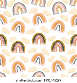 Bohemian, modern boho chic seamless pattern with hand drawn abstract rainbows in scandinavian style. Vector boho seamless repeating background, digital paper, fabric, wallpaper, stationery