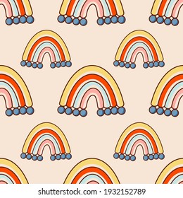 Bohemian, modern boho chic seamless pattern with hand drawn abstract rainbows in scandinavian style. Vector boho seamless repeating background, digital paper, fabric, wallpaper, stationery