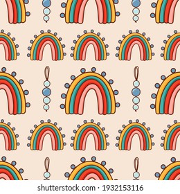 Bohemian, modern boho chic seamless pattern with hand drawn abstract rainbows in scandinavian style. Vector boho seamless repeating background, digital paper, fabric, wallpaper, stationery
