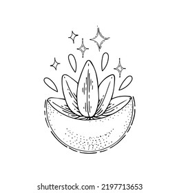 Bohemian Moon Bowl Lotus Stars. Ancient Amulet. Symbol Of Divine Power. Hand Drawn Vector Illustration.