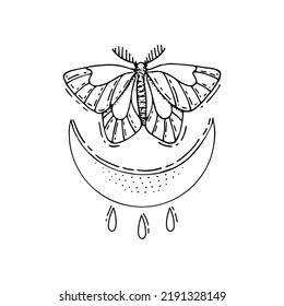 Bohemian Moon Bowl Moth. Ancient Amulet. Symbol Divine Power. Hand Drawn Vector Illustration.