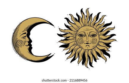 Bohemian moon and sun, set of mystical symbols for astrologers, witch tattoo, esoteric design elements. Vector illustration isolated on white background.