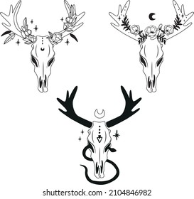 Bohemian mystical deer skull  print peony   poppy  Vector  illustration 