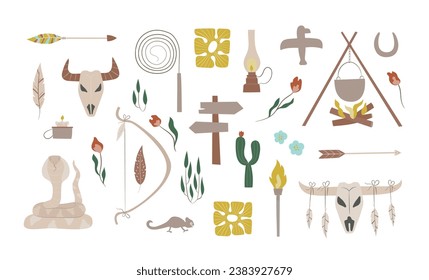 Bohemian native americans nature elements set. Wild west clipart with bull skull, arch, folk flowers.