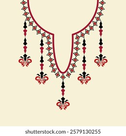 Bohemian necklace, neckline, clothing, and black and red ornamental necklace on a cream background. Vector illustration for your design