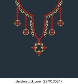 Bohemian necklace, neckline, clothing, and gold and red ornamental necklace on a dark background. Vector illustration for your design