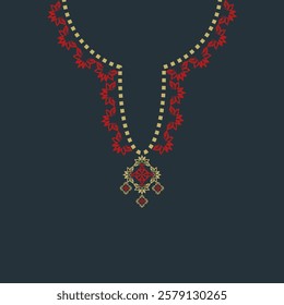 Bohemian necklace, neckline, clothing, and gold and red ornamental necklace on a dark background. Vector illustration for your design