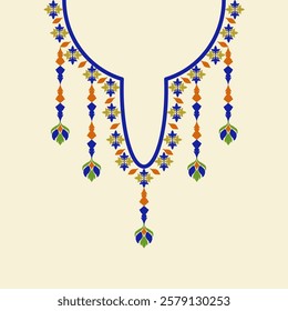 Bohemian necklace, neckline, clothing, and orange and blue ornamental necklace on a cream background. Vector illustration for your design