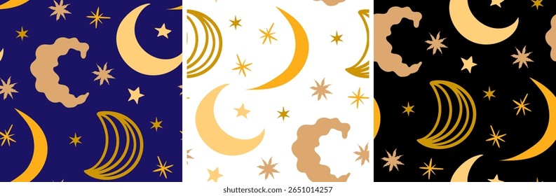 bohemian night sky repeatable print collection featuring golden crescent moons and starbursts ideal for spiritual art