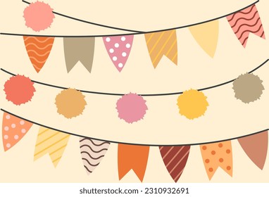 Bohemian nursery poster. Adorable garland seamless pattern with dot and stripe for interior. Cute boho print in pastel colors for baby bedroom wallpaper decor. Cartoon flat vector illustration